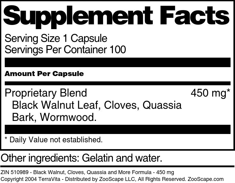 Black Walnut, Cloves, Quassia and More Formula - 450 mg - Supplement / Nutrition Facts