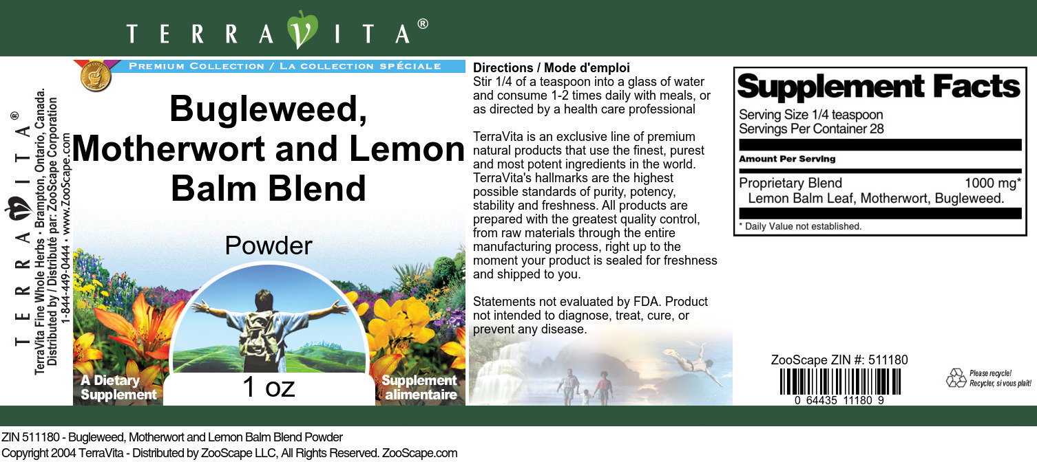 Bugleweed, Motherwort and Lemon Balm Blend Powder - Label