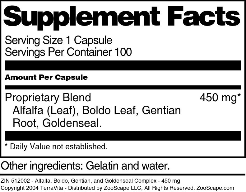 Alfalfa, Boldo, Gentian, and Goldenseal Complex - 450 mg - Supplement / Nutrition Facts