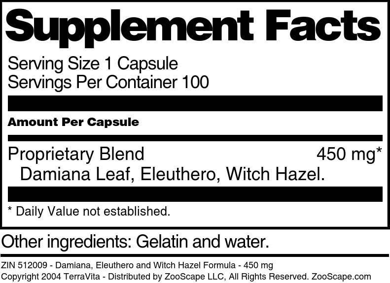 Damiana, Eleuthero and Witch Hazel Formula - 450 mg - Supplement / Nutrition Facts