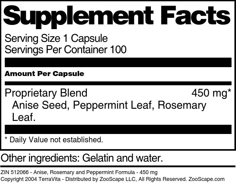 Anise, Rosemary and Peppermint Formula - 450 mg - Supplement / Nutrition Facts