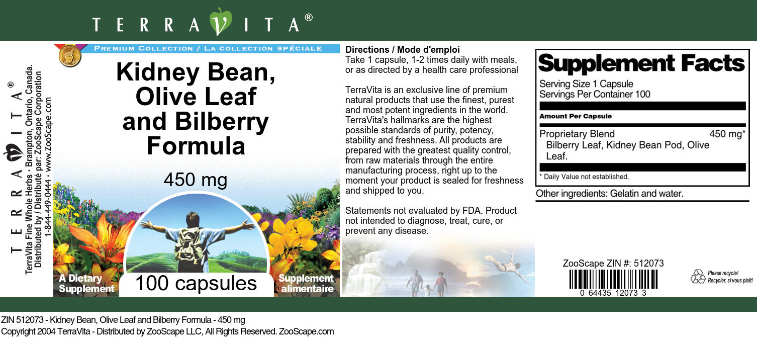 Kidney Bean, Olive Leaf and Bilberry Formula - 450 mg - Label