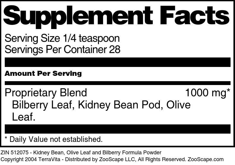 Kidney Bean, Olive Leaf and Bilberry Formula Powder - Supplement / Nutrition Facts