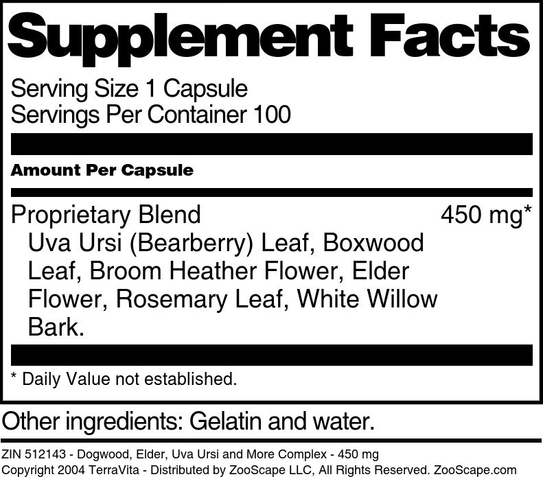 Dogwood, Elder, Uva Ursi and More Complex - 450 mg - Supplement / Nutrition Facts