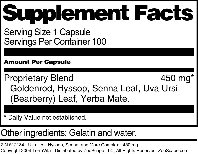 Uva Ursi, Hyssop, Senna, and More Complex - 450 mg - Supplement / Nutrition Facts