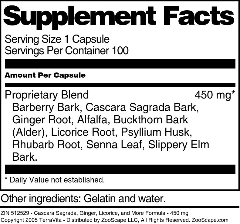 Cascara Sagrada, Ginger, Licorice, and More Formula - 450 mg - Supplement / Nutrition Facts