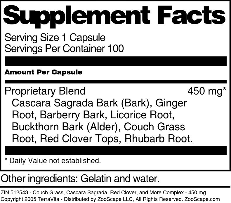Couch Grass, Cascara Sagrada, Red Clover, and More Complex - 450 mg - Supplement / Nutrition Facts