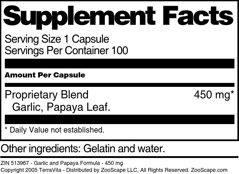Garlic and Papaya Formula - 450 mg - Supplement / Nutrition Facts