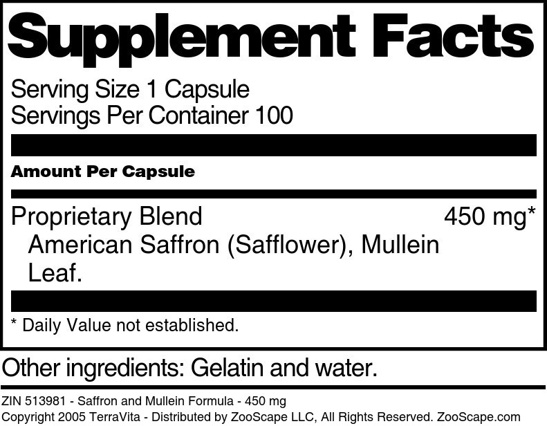 Saffron and Mullein Formula - 450 mg - Supplement / Nutrition Facts