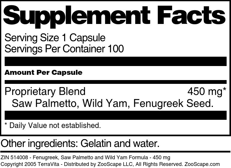 Fenugreek, Saw Palmetto and Wild Yam Formula - 450 mg - Supplement / Nutrition Facts