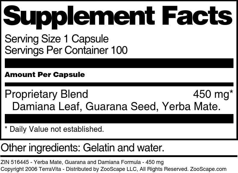 Yerba Mate, Guarana and Damiana Formula - 450 mg - Supplement / Nutrition Facts