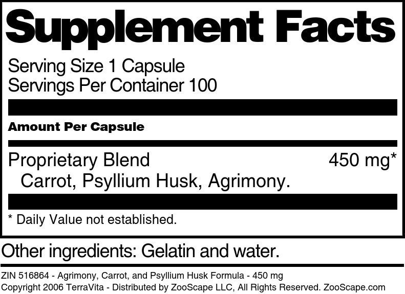 Agrimony, Carrot, and Psyllium Husk Formula - 450 mg - Supplement / Nutrition Facts
