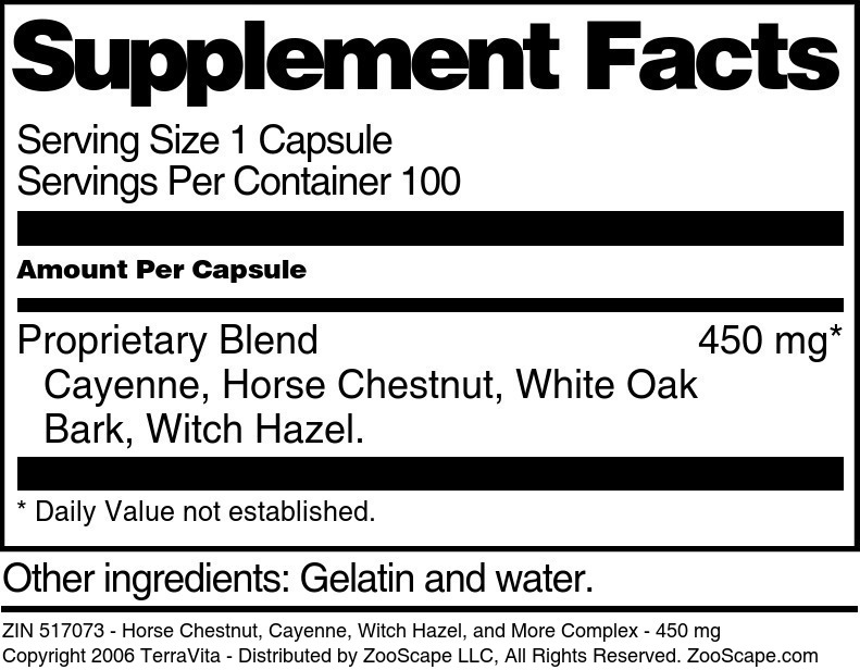 Horse Chestnut, Cayenne, Witch Hazel, and More Complex - 450 mg - Supplement / Nutrition Facts