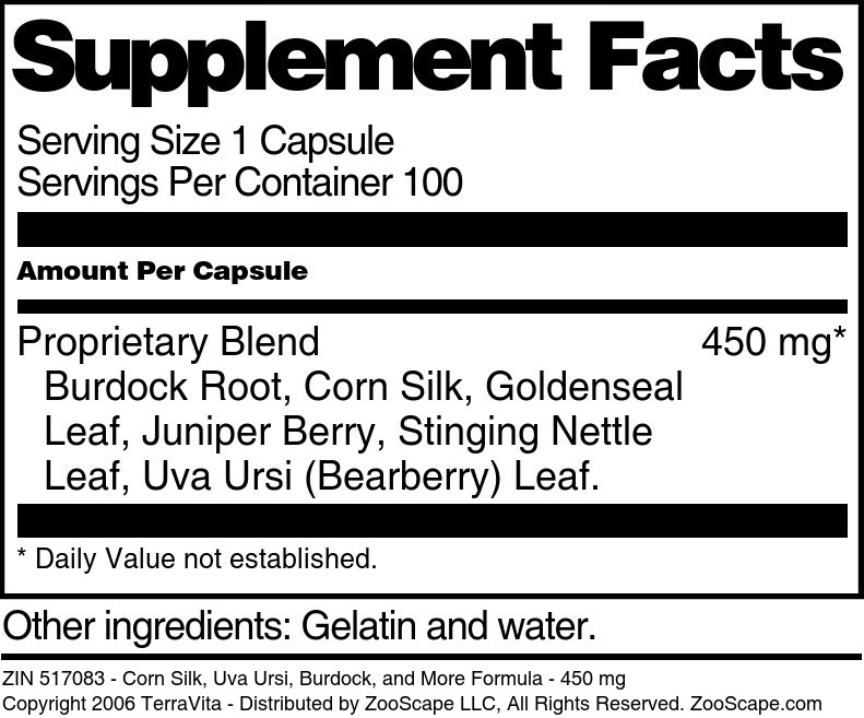 Corn Silk, Uva Ursi, Burdock, and More Formula - 450 mg - Supplement / Nutrition Facts