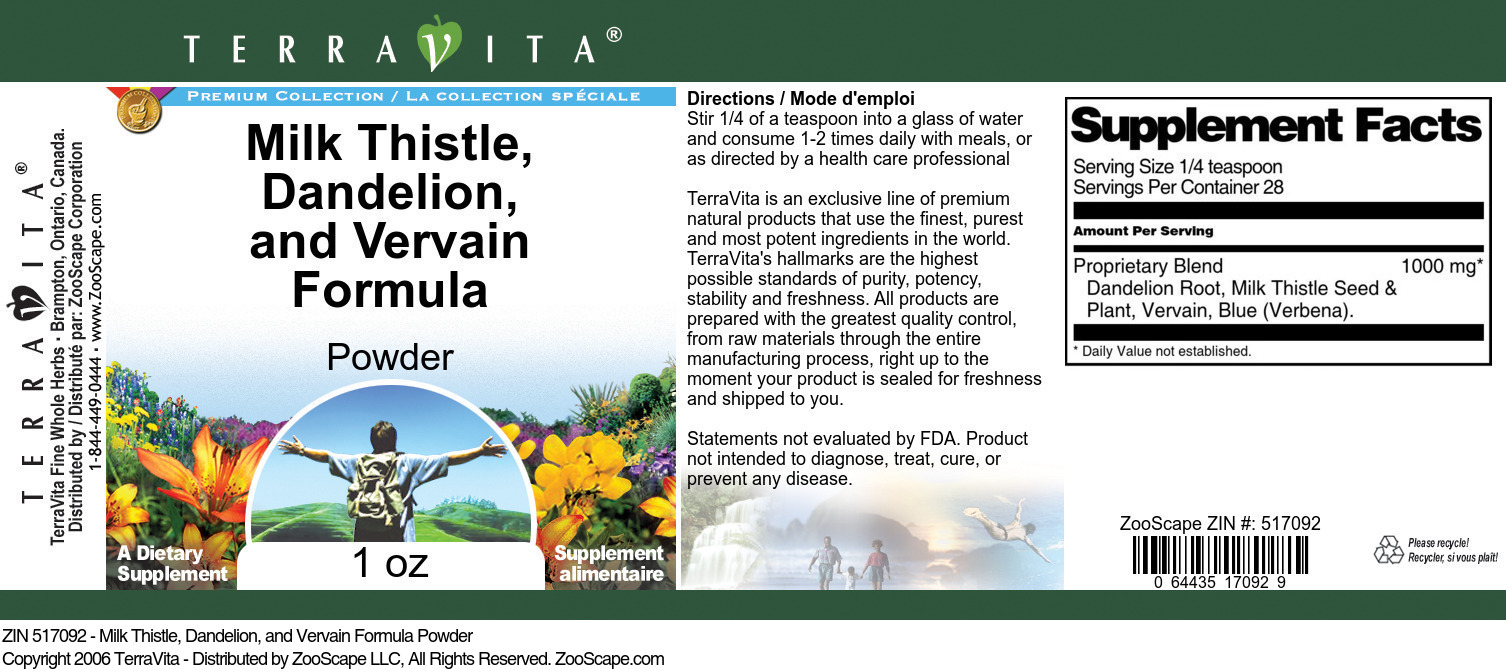 Milk Thistle, Dandelion, and Vervain Formula Powder - Label