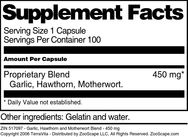 Garlic, Hawthorn and Motherwort Blend - 450 mg - Supplement / Nutrition Facts