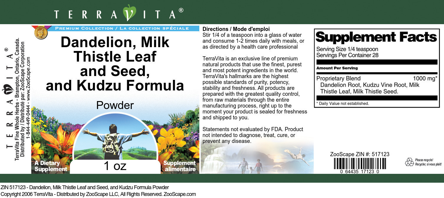 Dandelion, Milk Thistle Leaf and Seed, and Kudzu Formula Powder - Label