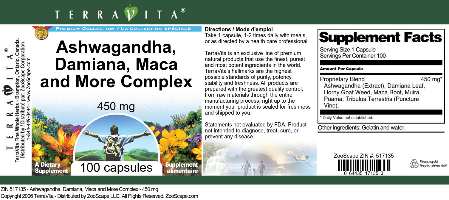 Ashwagandha, Damiana, Maca and More Complex - 450 mg - Label