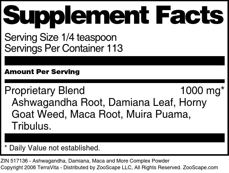 Ashwagandha, Damiana, Maca and More Complex Powder - Supplement / Nutrition Facts