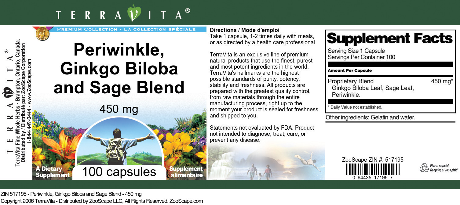 Periwinkle, Ginkgo Biloba and Sage Blend - 450 mg - Label