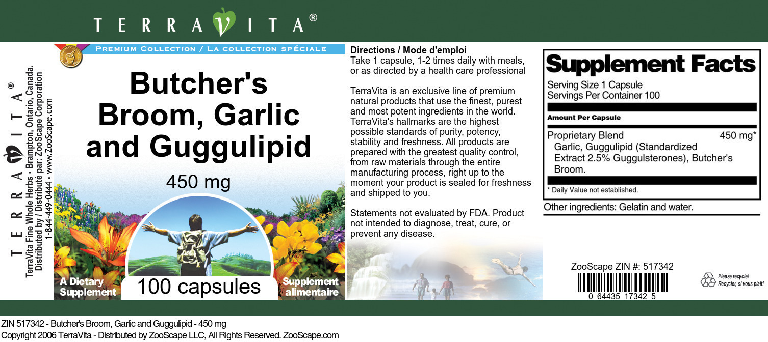 Butcher's Broom, Garlic and Guggulipid - 450 mg - Label