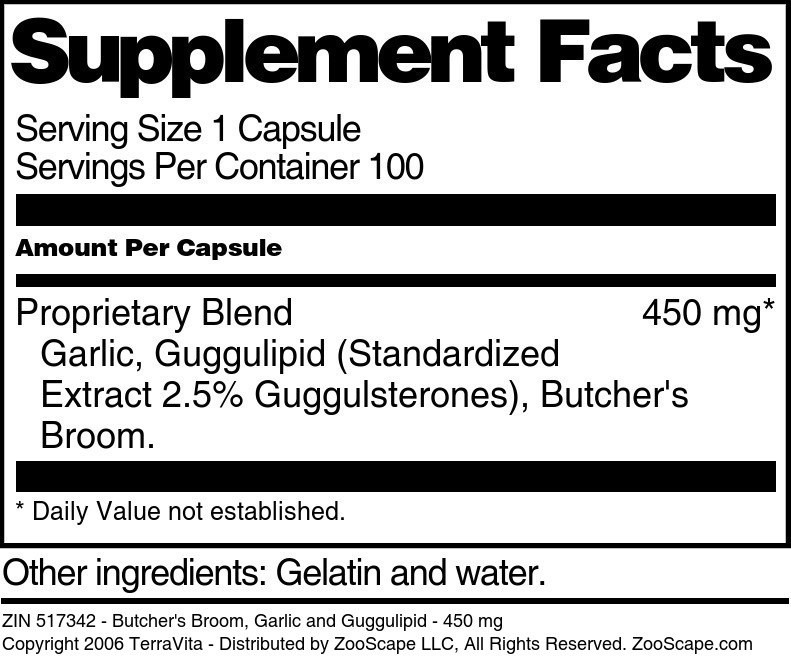 Butcher's Broom, Garlic and Guggulipid - 450 mg - Supplement / Nutrition Facts