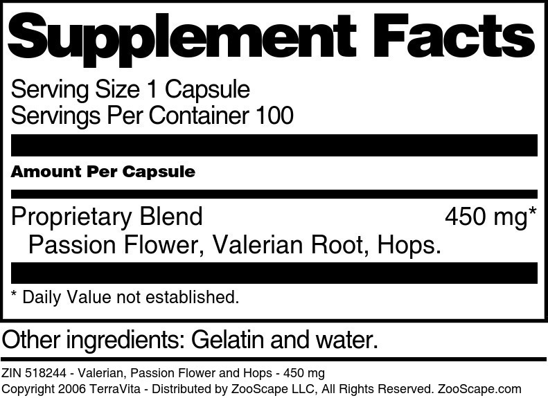 Valerian, Passion Flower and Hops - 450 mg - Supplement / Nutrition Facts