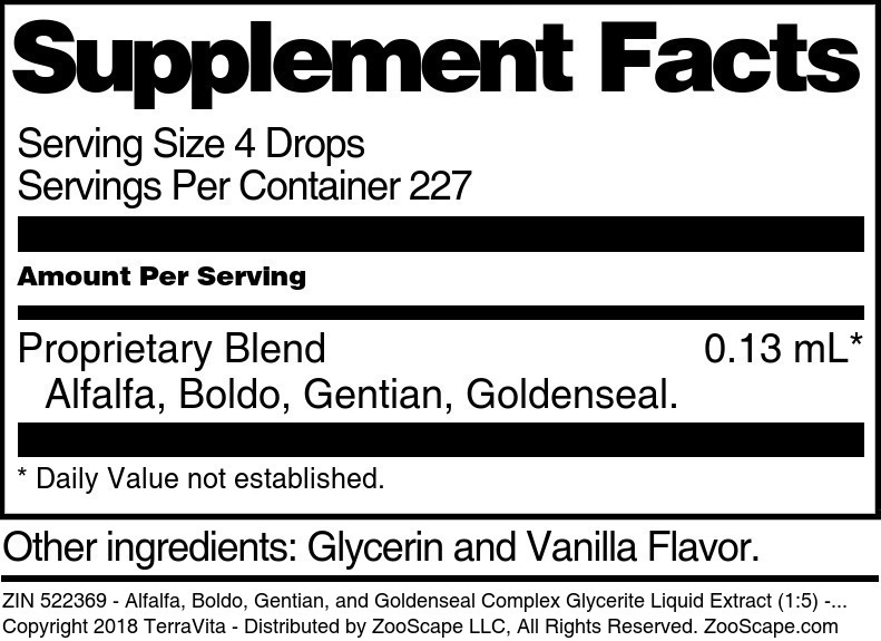 Alfalfa, Boldo, Gentian, and Goldenseal Complex Glycerite Liquid Extract (1:5) - Supplement / Nutrition Facts