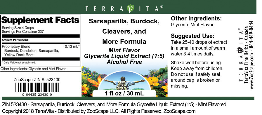 Sarsaparilla, Burdock, Cleavers, and More Formula Glycerite Liquid Extract (1:5) - Label