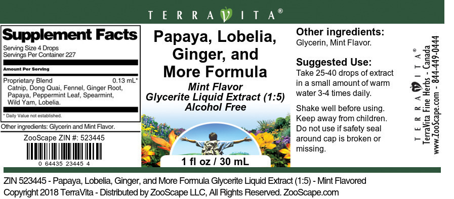 Papaya, Lobelia, Ginger, and More Formula Glycerite Liquid Extract (1:5) - Label