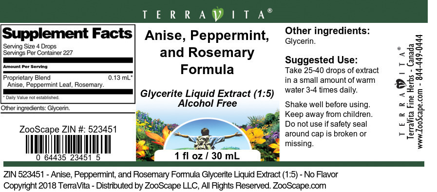 Anise, Peppermint, and Rosemary Formula Glycerite Liquid Extract (1:5) - Label