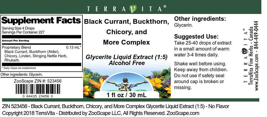 Black Currant, Buckthorn, Chicory, and More Complex Glycerite Liquid Extract (1:5) - Label