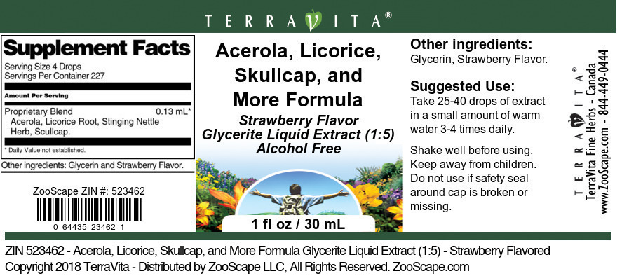 Acerola, Licorice, Skullcap, and More Formula Glycerite Liquid Extract (1:5) - Label