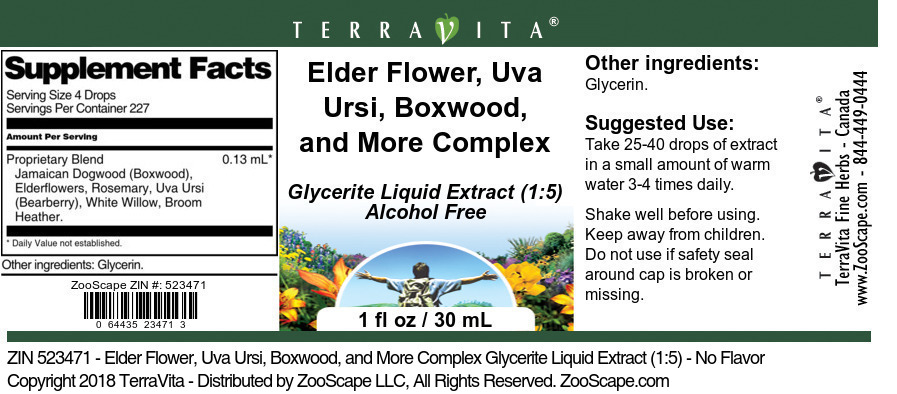 Elder Flower, Uva Ursi, Boxwood, and More Complex Glycerite Liquid Extract (1:5) - Label