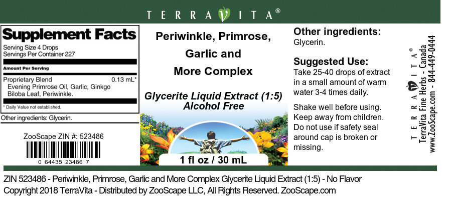 Periwinkle, Primrose, Garlic and More Complex Glycerite Liquid Extract (1:5) - Label