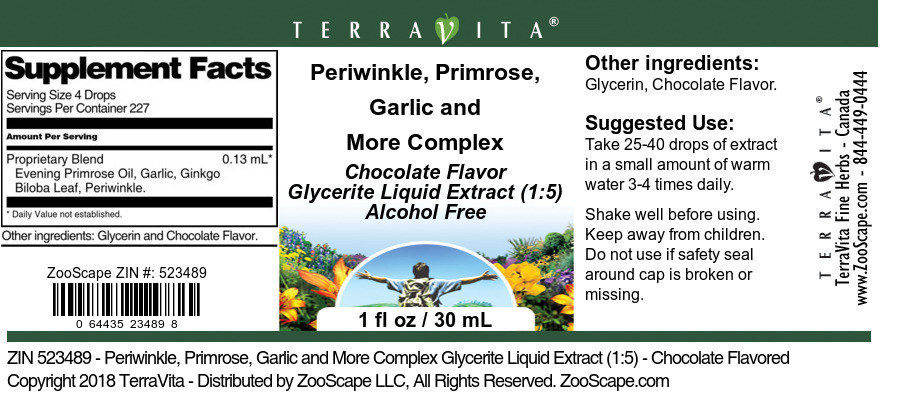 Periwinkle, Primrose, Garlic and More Complex Glycerite Liquid Extract (1:5) - Label