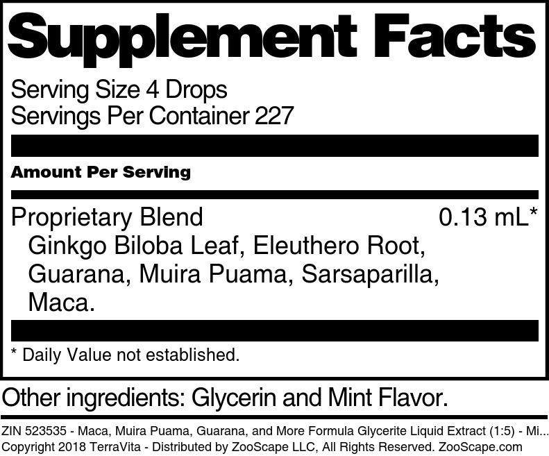 Maca, Muira Puama, Guarana, and More Formula Glycerite Liquid Extract (1:5) - Supplement / Nutrition Facts