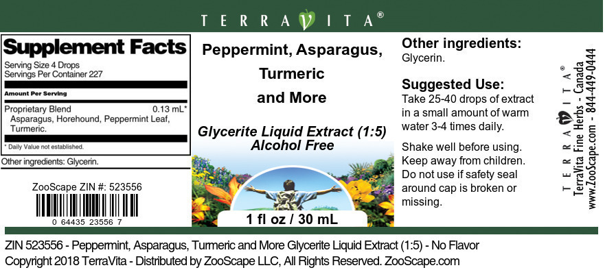 Peppermint, Asparagus, Turmeric and More Glycerite Liquid Extract (1:5) - Label