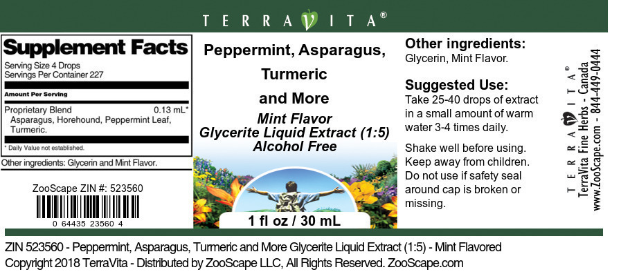Peppermint, Asparagus, Turmeric and More Glycerite Liquid Extract (1:5) - Label