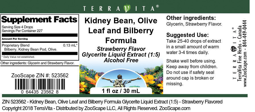 Kidney Bean, Olive Leaf and Bilberry Formula Glycerite Liquid Extract (1:5) - Label