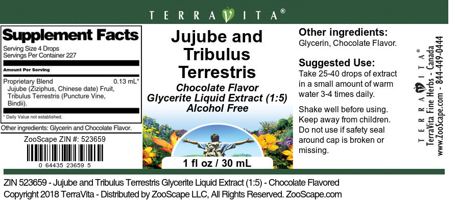 Jujube and Tribulus Terrestris Glycerite Liquid Extract (1:5) - Label