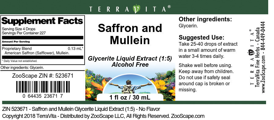 Saffron and Mullein Glycerite Liquid Extract (1:5) - Label