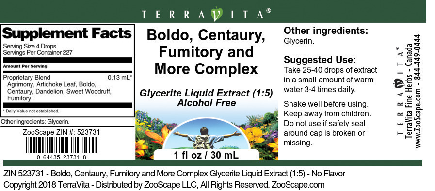 Boldo, Centaury, Fumitory and More Complex Glycerite Liquid Extract (1:5) - Label