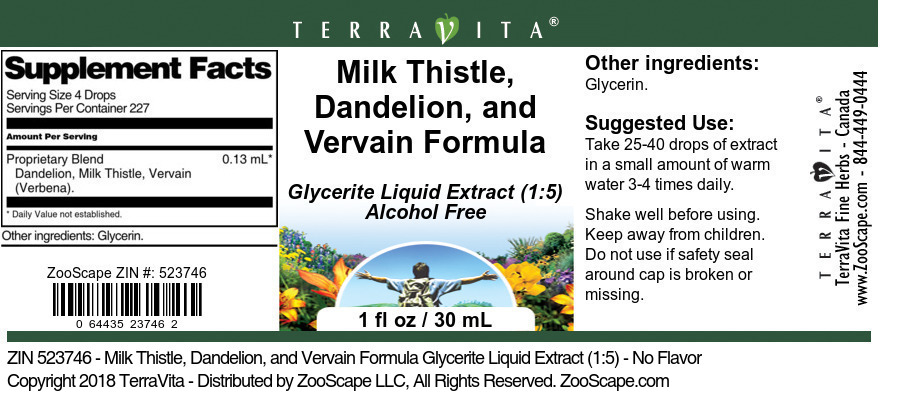 Milk Thistle, Dandelion, and Vervain Formula Glycerite Liquid Extract (1:5) - Label