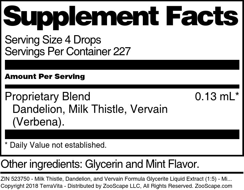 Milk Thistle, Dandelion, and Vervain Formula Glycerite Liquid Extract (1:5) - Supplement / Nutrition Facts