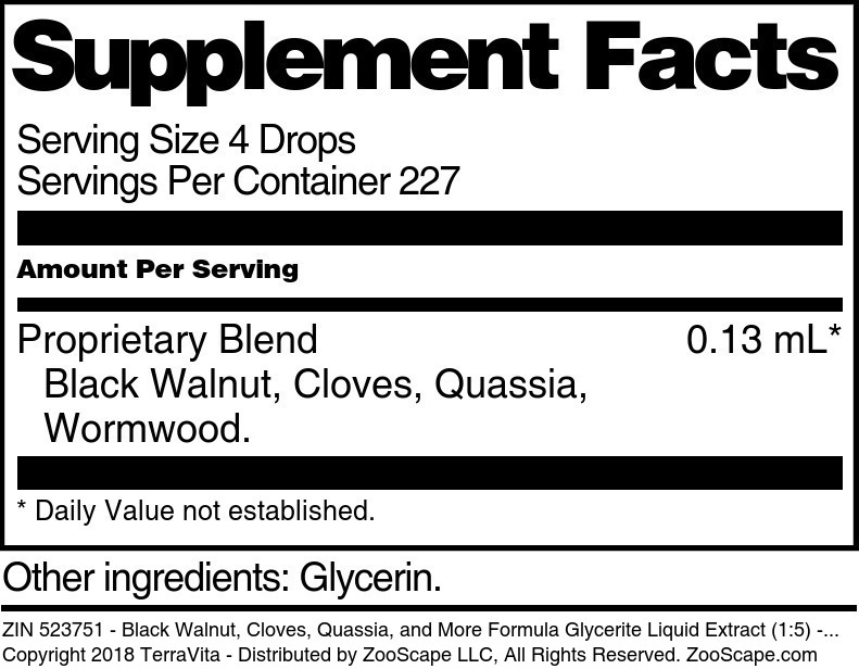 Black Walnut, Cloves, Quassia, and More Formula Glycerite Liquid Extract (1:5) - Supplement / Nutrition Facts