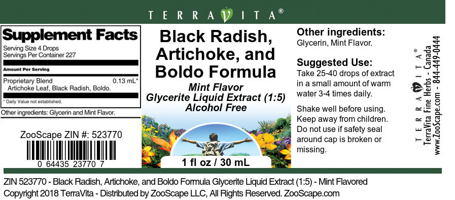 Black Radish, Artichoke, and Boldo Formula Glycerite Liquid Extract (1:5) - Label
