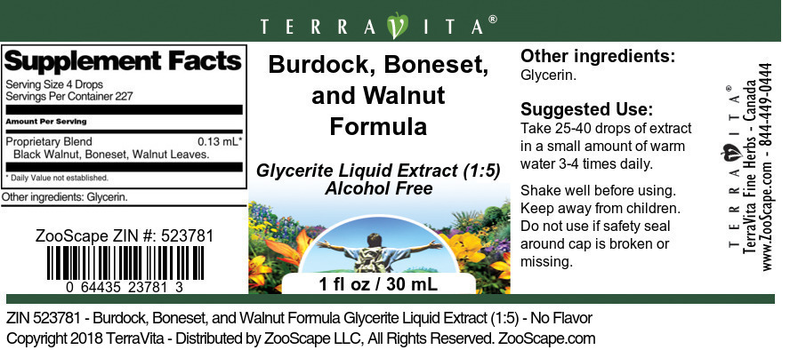 Burdock, Boneset, and Walnut Formula Glycerite Liquid Extract (1:5) - Label