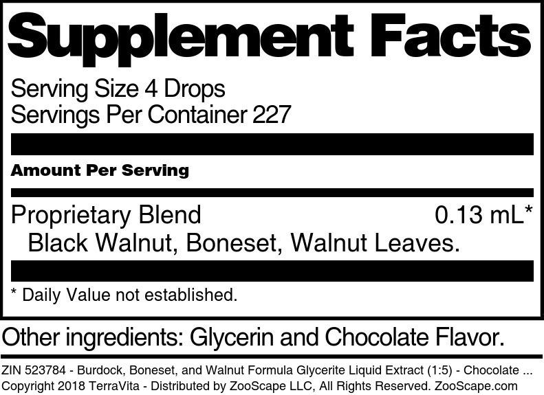 Burdock, Boneset, and Walnut Formula Glycerite Liquid Extract (1:5) - Supplement / Nutrition Facts