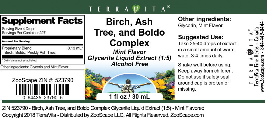 Birch, Ash Tree, and Boldo Complex Glycerite Liquid Extract (1:5) - Label